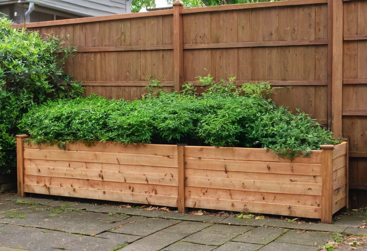Long rectangular timber planter filled with green shrubs positioned in front of a wooden fence beside a paved walkway.