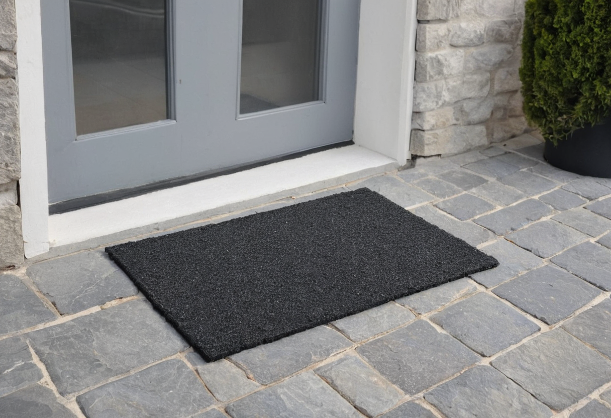 Rectangular charcoal textured mat on gray stone paving outside a closed pale double door.