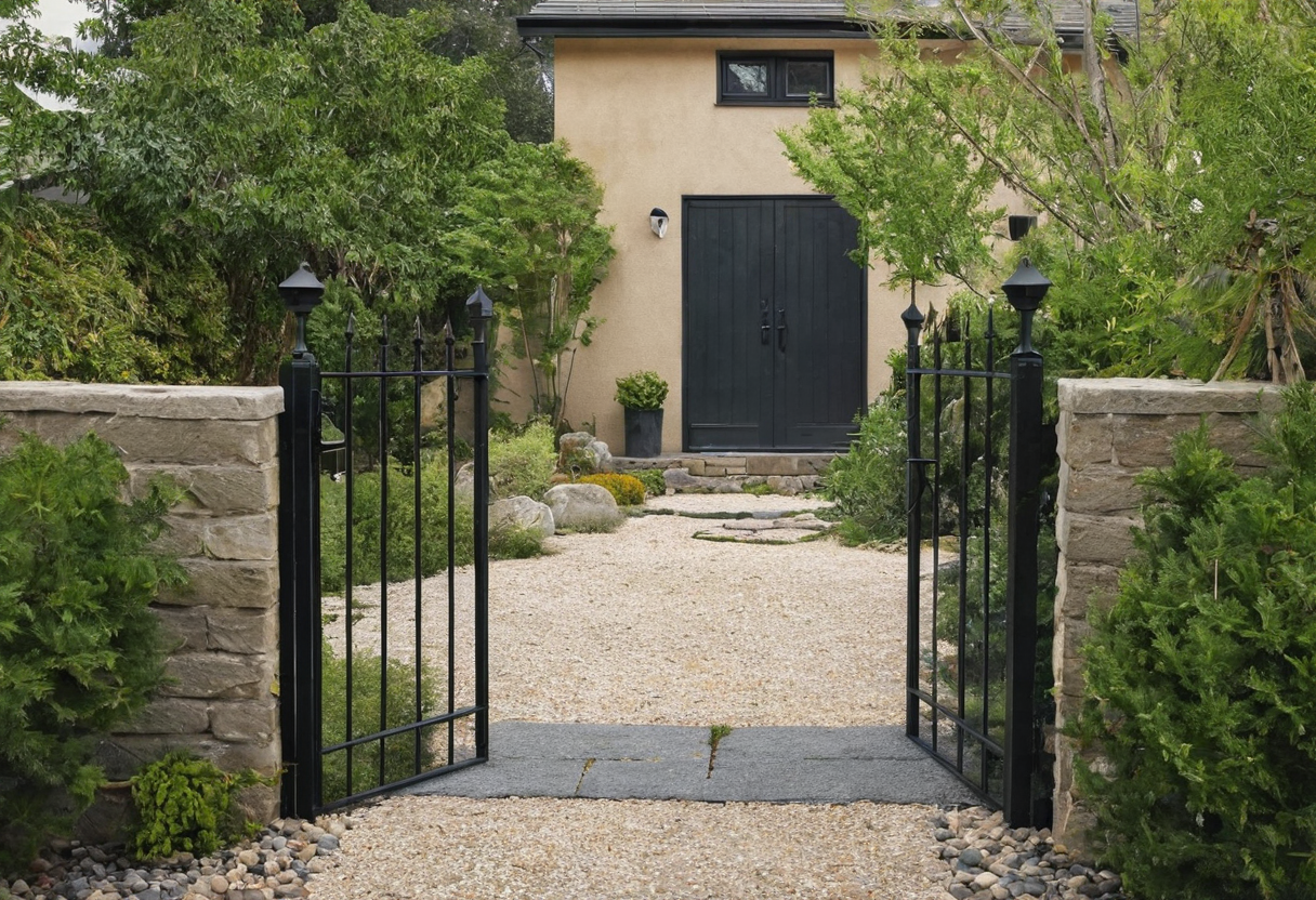 Two open black metal gate leaves between stone posts frame a pale gravel path toward a light-colored house entrance.