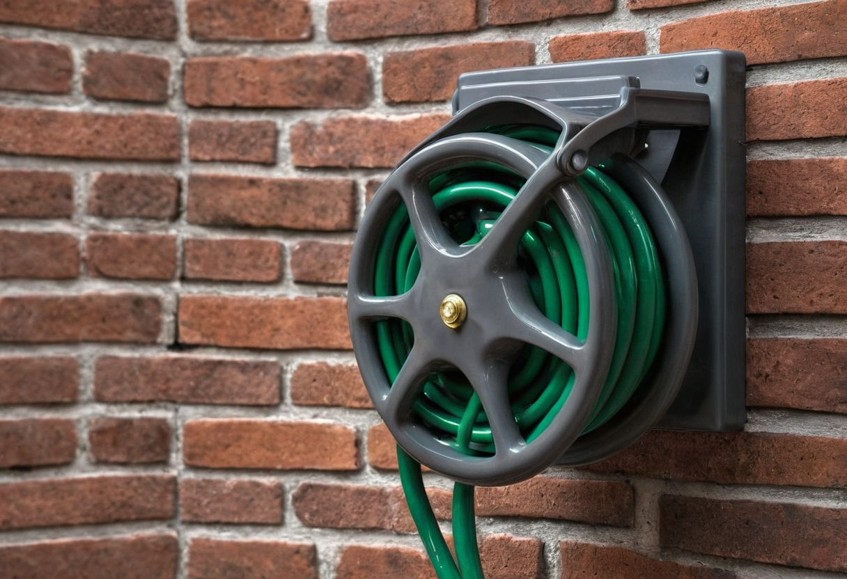 Gray open hose reel with green hose wound on it mounted on a red brick exterior wall, short hose end hanging down.