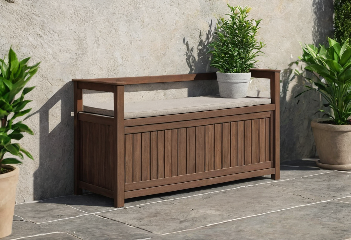 Closed brown slatted outdoor storage bench with a pale seat cushion on a stone patio against a light wall, flanked by potted plants.