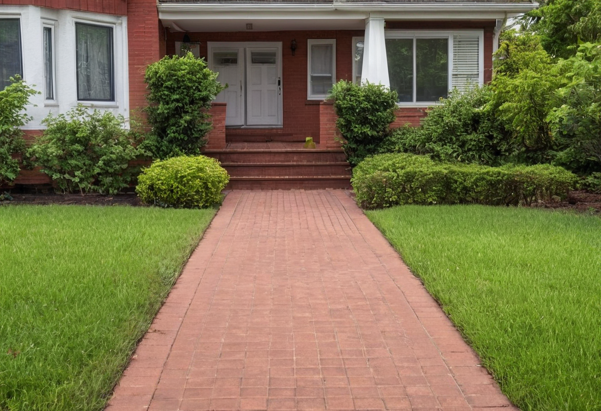 Straight red brick walkway crossing a green lawn toward porch steps, bordered by shrubs on both sides.