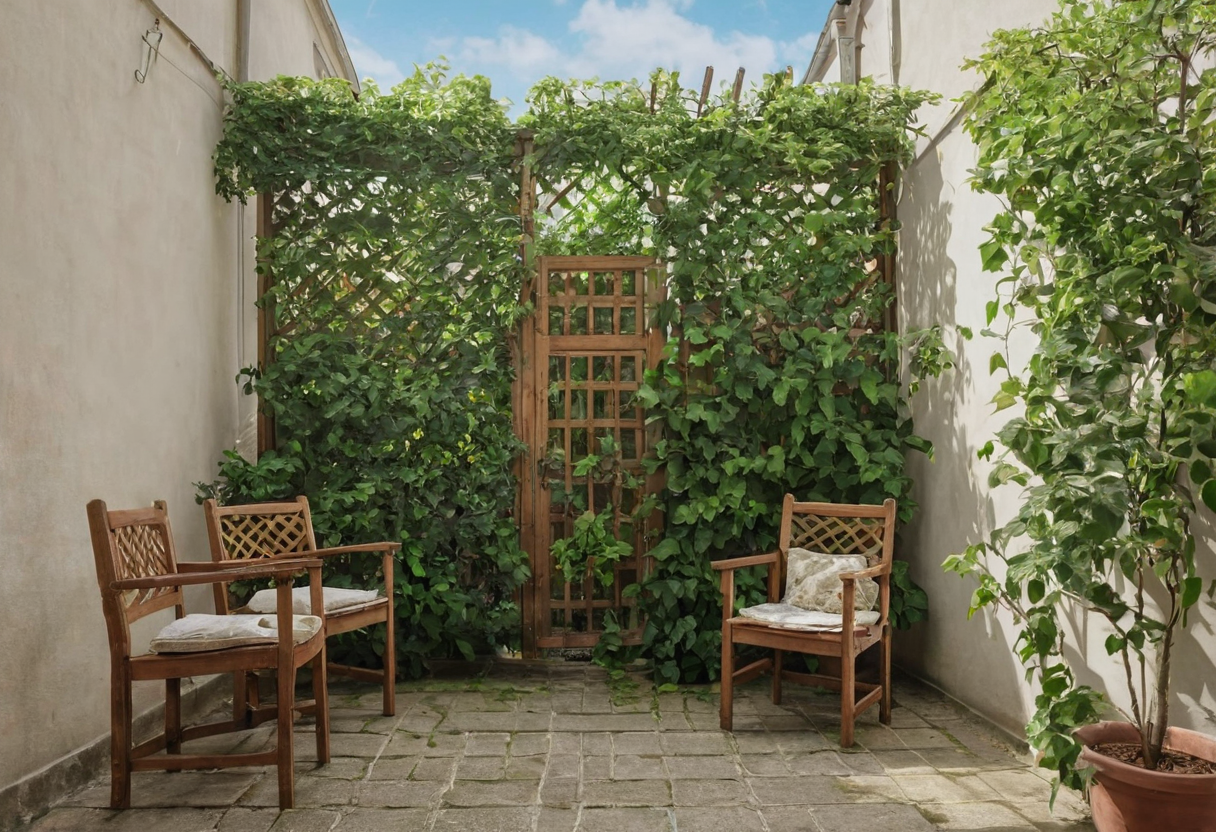 Two wooden chairs with light cushions on stone pavers in a narrow courtyard beside dense green climbing plants on a wooden trellis.